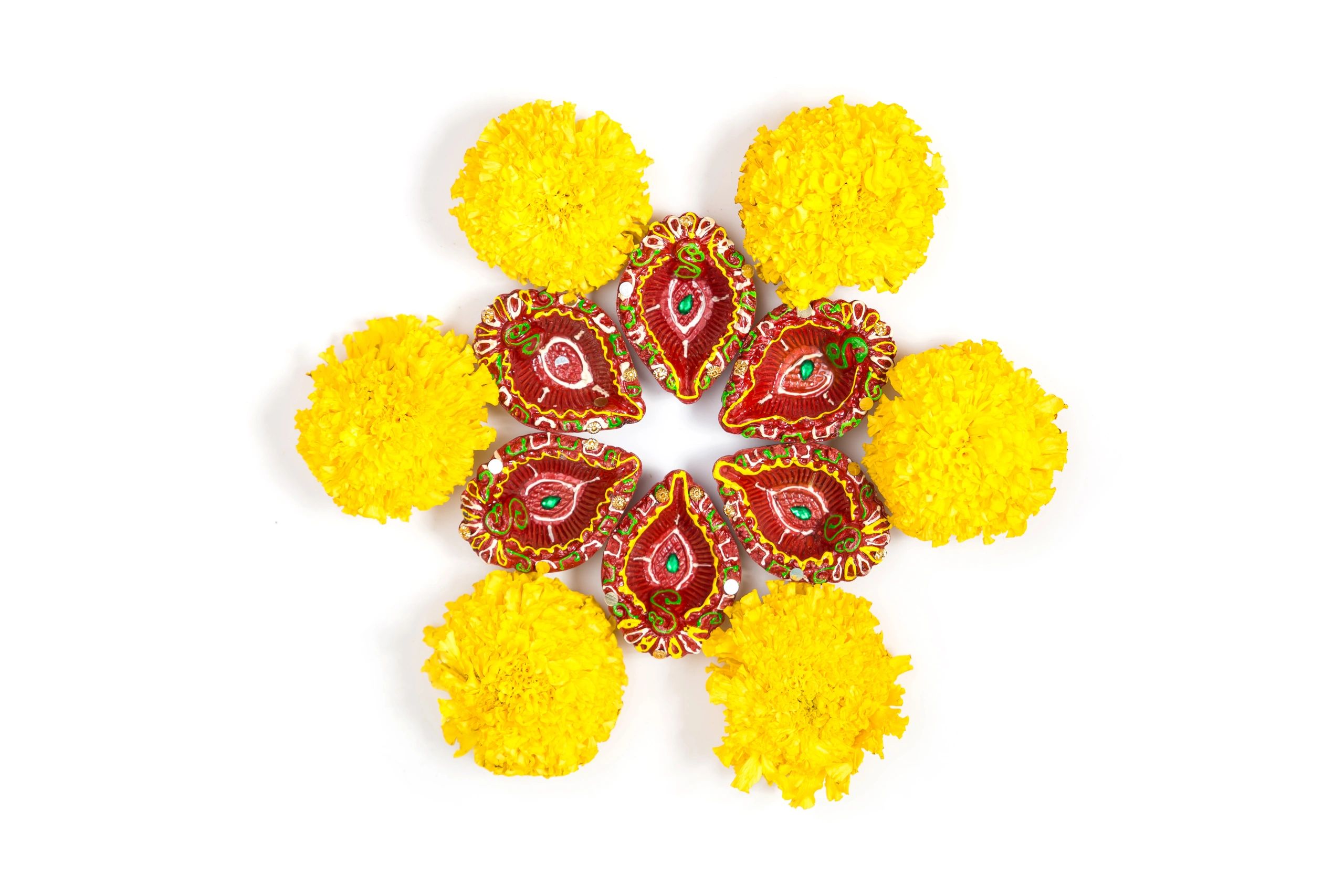 Colorful clay diya lamps for Diwali
