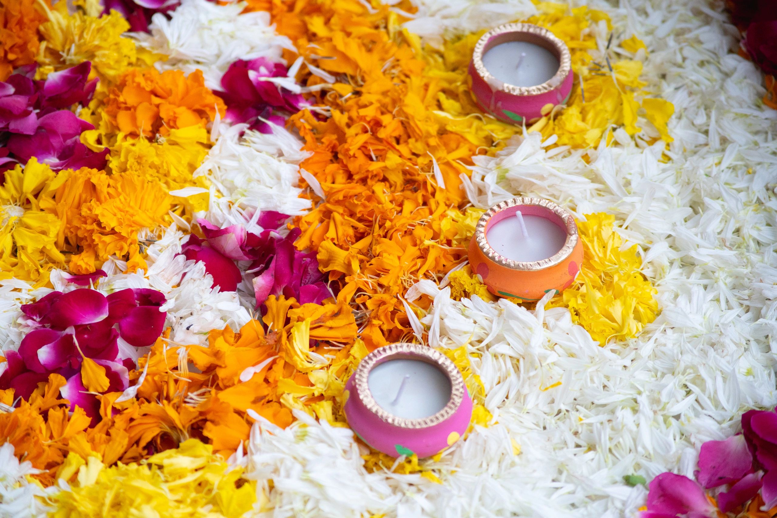 Handcrafted diya candles arranged for a festive celebration
